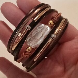#1037. Faux Leather, Faux Pearl Layer Brown And Gold Magnetic Closure Bracelet